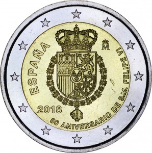 2 euro 2018 Spain 50th Birthday of King Felipe VI price, composition, diameter, thickness, mintage, orientation, video, authenticity, weight, Description