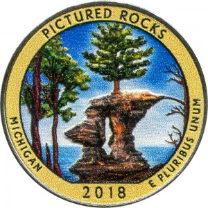 25 центов 2018 США Живописные скалы (Pictured Rocks), 41-й парк (цветная) цена, стоимость