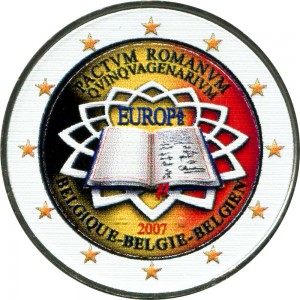 2 euro 2007, Treaty of Rome, Belgium (colorized) price, composition, diameter, thickness, mintage, orientation, video, authenticity, weight, Description