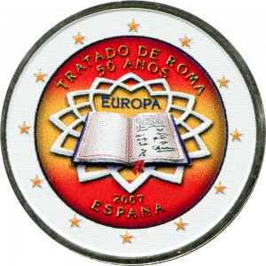 2 euro 2007 Treaty of Rome, Spain (colorized) price, composition, diameter, thickness, mintage, orientation, video, authenticity, weight, Description
