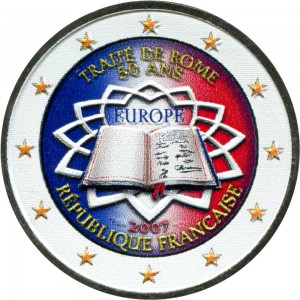 2 euro 2007 Treaty of Rome, France (colorized) price, composition, diameter, thickness, mintage, orientation, video, authenticity, weight, Description
