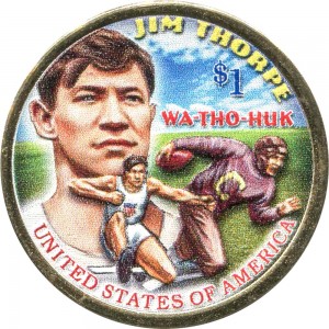 1 dollar 2018 USA Sacagawea, Jim Thorpe, (colorized) price, composition, diameter, thickness, mintage, orientation, video, authenticity, weight, Description