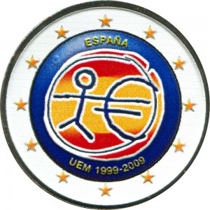 2 euro 2009, Economic and Monetary Union, Spain (colorized) price, composition, diameter, thickness, mintage, orientation, video, authenticity, weight, Description