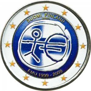 2 евро 2009, 10 лет Экономическому и валютному союзу, Финляндия (цветная) цена, стоимость