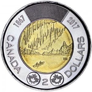 2 доллара 2017 Канада 150 лет Конфедерации, Северное Сияние