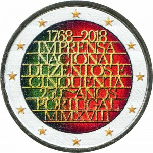 2 euro 2018 Portugal, 250 years to the national (colorized) press price, composition, diameter, thickness, mintage, orientation, video, authenticity, weight, Description