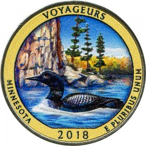 Quarter Dollar 2018 USA Voyageurs 43th National Park (colorized) price, composition, diameter, thickness, mintage, orientation, video, authenticity, weight, Description