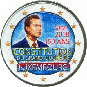 2 euro 2018 Luxembourg, 150 years of Constitution (colorized) price, composition, diameter, thickness, mintage, orientation, video, authenticity, weight, Description