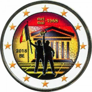 2 euro 2018 Belgium, Student Uprising in May 1968 (colorized) price, composition, diameter, thickness, mintage, orientation, video, authenticity, weight, Description