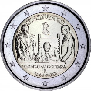 2 euro 2018 Italy, 70 years of the Constitution price, composition, diameter, thickness, mintage, orientation, video, authenticity, weight, Description
