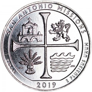 25 центов 2019 США Миссии Сан-Антонио (San Antonio Missions), 49-й парк, двор DAC цена, стоимость