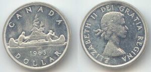 1 dollar 1963 Canada Pirogue price, composition, diameter, thickness, mintage, orientation, video, authenticity, weight, Description