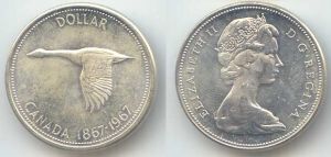 1 dollar 1967 Canada Goose price, composition, diameter, thickness, mintage, orientation, video, authenticity, weight, Description