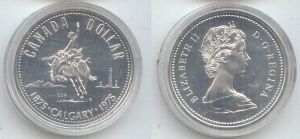 1 dollar 1975 Canada Calgary price, composition, diameter, thickness, mintage, orientation, video, authenticity, weight, Description