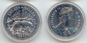 1 dollar 1980 Canada Bear price, composition, diameter, thickness, mintage, orientation, video, authenticity, weight, Description
