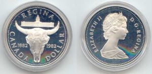 1 dollar 1982 Canada Regina price, composition, diameter, thickness, mintage, orientation, video, authenticity, weight, Description