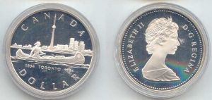 1 dollar 1984 Canada Toronto price, composition, diameter, thickness, mintage, orientation, video, authenticity, weight, Description