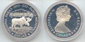 1 dollar 1985 Canada National parks price, composition, diameter, thickness, mintage, orientation, video, authenticity, weight, Description