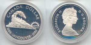 1 dollar 1986 Canada Vancouver price, composition, diameter, thickness, mintage, orientation, video, authenticity, weight, Description