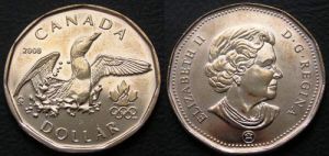 1 dollar 2008 Canada Duck Olympic (included in the set "Olympics Vancouver 2010"). price, composition, diameter, thickness, mintage, orientation, video, authenticity, weight, Description