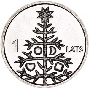 1 lat 2009 Latvia Christmas Tree price, composition, diameter, thickness, mintage, orientation, video, authenticity, weight, Description