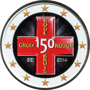 2 евро 2014 Бельгия, 150 лет Бельгийскому Красному кресту (цветная) цена, стоимость