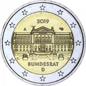 2 euro 2019 Germany Bundesrat, mint mark A price, composition, diameter, thickness, mintage, orientation, video, authenticity, weight, Description