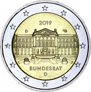 2 euro 2019 Germany Bundesrat, mint mark D price, composition, diameter, thickness, mintage, orientation, video, authenticity, weight, Description
