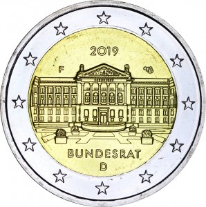 2 euro 2019 Germany Bundesrat, mint mark F price, composition, diameter, thickness, mintage, orientation, video, authenticity, weight, Description