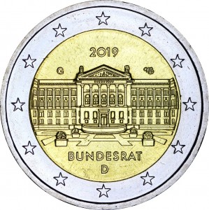 2 euro 2019 Germany Bundesrat, mint mark G price, composition, diameter, thickness, mintage, orientation, video, authenticity, weight, Description