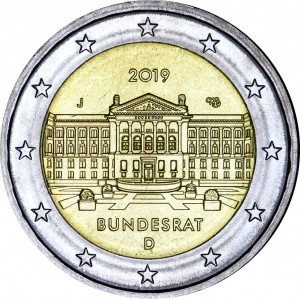 2 euro 2019 Germany Bundesrat, mint mark J price, composition, diameter, thickness, mintage, orientation, video, authenticity, weight, Description