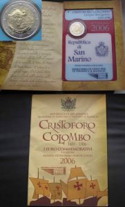 2 euro 2006 San Marino, 500th anniversary of Christopher Columbus' death, the coin in the booklet price, composition, diameter, thickness, mintage, orientation, video, authenticity, weight, Description