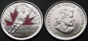 25 центов 2009 Канада, доп. выпуск:Мужской Хоккей, цветная монета цена, стоимость