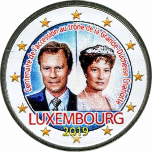 2 euro 2019 Luxembourg, Grand Duchess Charlotte (colorized) price, composition, diameter, thickness, mintage, orientation, video, authenticity, weight, Description
