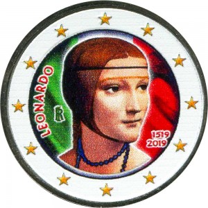 2 euro 2019 Italy, Leonardo da Vinci (colorized) price, composition, diameter, thickness, mintage, orientation, video, authenticity, weight, Description