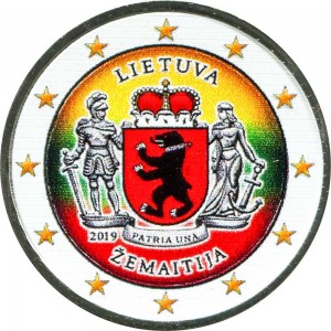 2 euro 2019 Lithuania, Zemaitija (colorized) price, composition, diameter, thickness, mintage, orientation, video, authenticity, weight, Description
