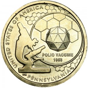 1 доллар 2019 США, Инновации США, Пенсильвания, Вакцина против полиомиелита, Р цена, стоимость