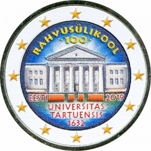 2 евро 2019 Эстония, Университет Тарту (цветная) цена, стоимость