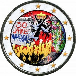 2 euro 2019 Germany 30th anniversary of the fall of the Berlin Wall (colorized) price, composition, diameter, thickness, mintage, orientation, video, authenticity, weight, Description
