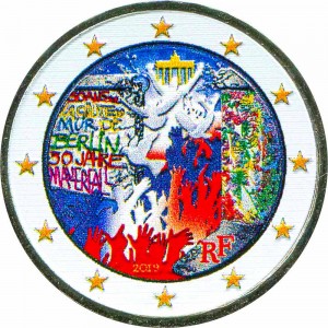 2 Euro 2019 France, 30th anniversary of the fall of the Berlin Wall (colorized) price, composition, diameter, thickness, mintage, orientation, video, authenticity, weight, Description