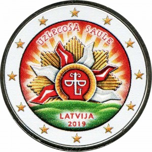 2 Euro 2019 Latvia, Sunrise (colorized) price, composition, diameter, thickness, mintage, orientation, video, authenticity, weight, Description