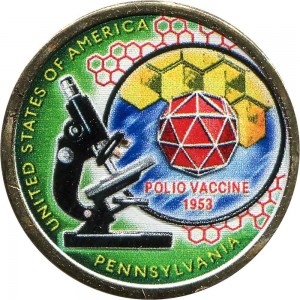 1 dollar 2019 USA, American Innovation, Pennsylvania, Polio vaccine (colorized) price, composition, diameter, thickness, mintage, orientation, video, authenticity, weight, Description