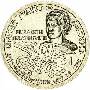 1 dollar 2020 USA Sacagawea, Elizabeth Peratrovich, mint P price, composition, diameter, thickness, mintage, orientation, video, authenticity, weight, Description