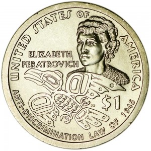 1 dollar 2020 USA Sacagawea, Elizabeth Peratrovich, mint D price, composition, diameter, thickness, mintage, orientation, video, authenticity, weight, Description