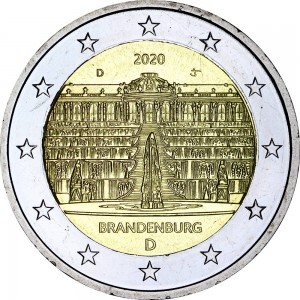 2 euro 2020 Germany Brandenburg, mint mark D price, composition, diameter, thickness, mintage, orientation, video, authenticity, weight, Description