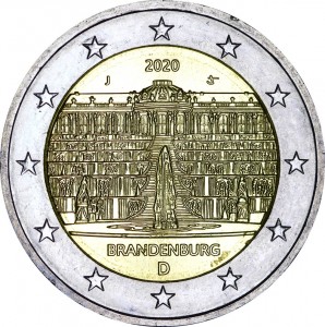 2 euro 2020 Germany Brandenburg, mint mark J price, composition, diameter, thickness, mintage, orientation, video, authenticity, weight, Description