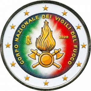 2 Euro 2020 Italien, Nationale Feuerwehr (farbig) Preis, Komposition, Durchmesser, Dicke, Auflage, Gleichachsigkeit, Video, Authentizitat, Gewicht, Beschreibung