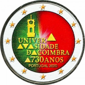 2 euro 2020 Portugal, University of Coimbra (colorized) price, composition, diameter, thickness, mintage, orientation, video, authenticity, weight, Description