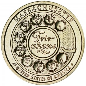 1 dollar 2020 USA, American Innovation, Massachusetts, Telephone, D price, composition, diameter, thickness, mintage, orientation, video, authenticity, weight, Description