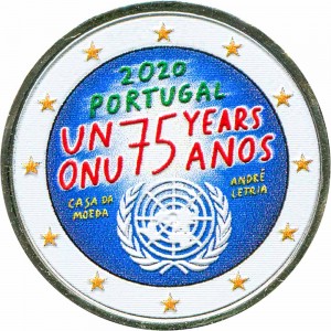 2 Euro 2020 Portugal, 75 Jahre UNO (farbig) Preis, Komposition, Durchmesser, Dicke, Auflage, Gleichachsigkeit, Video, Authentizitat, Gewicht, Beschreibung